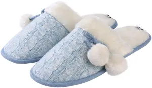Woven Knit Slide Slippers for Women, Stylish Design with Cute Pom Poms, Plush Fleece Band & Interior, Anti Skid Rubber Sole
