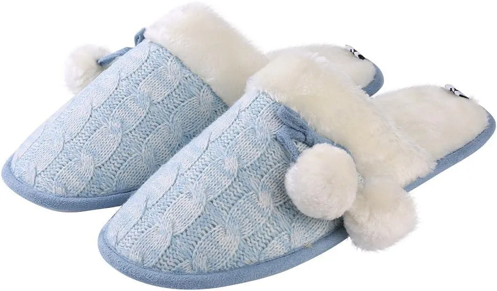 Woven Knit Slide Slippers for Women, Stylish Design with Cute Pom Poms, Plush Fleece Band & Interior, Anti Skid Rubber Sole