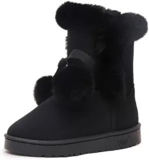 WUIWUIYU Women's Cute Pom-pom Lace Up Fur Winter Snow Boots Sweetheart Princess Fluffy Boots