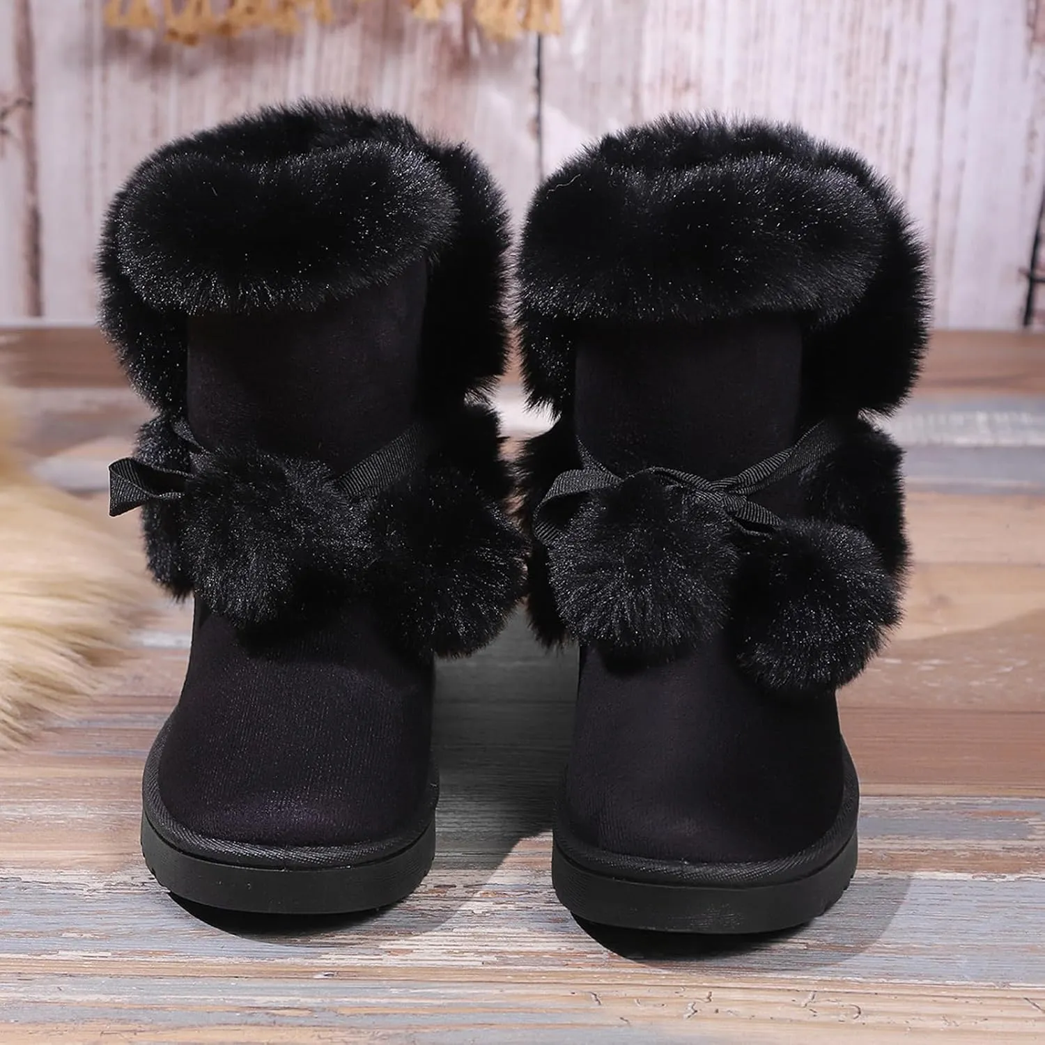 WUIWUIYU Women's Cute Pom-pom Lace Up Fur Winter Snow Boots Sweetheart Princess Fluffy Boots