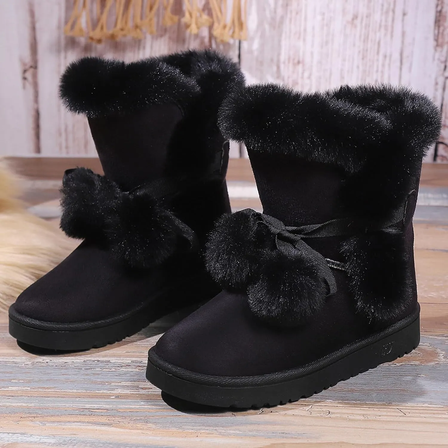 WUIWUIYU Women's Cute Pom-pom Lace Up Fur Winter Snow Boots Sweetheart Princess Fluffy Boots