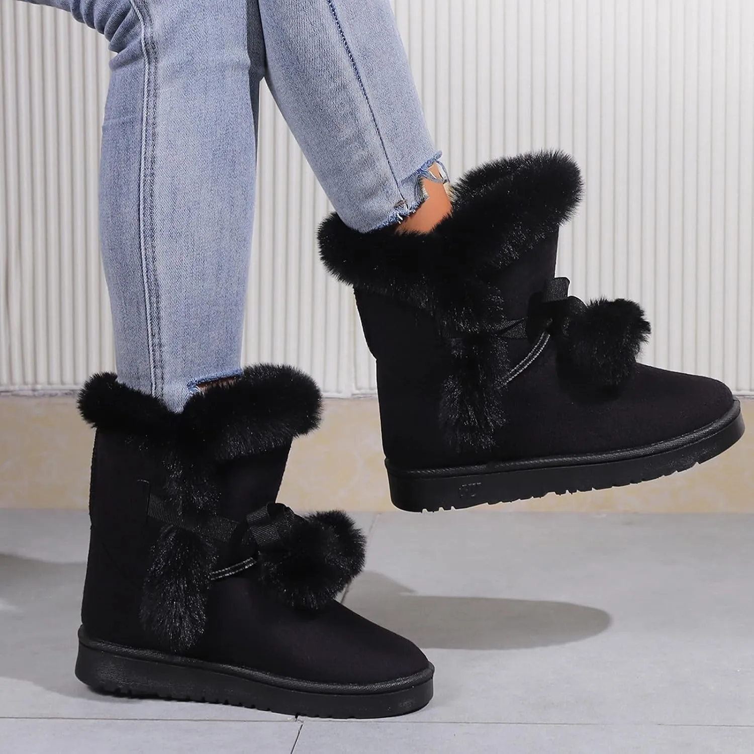 WUIWUIYU Women's Cute Pom-pom Lace Up Fur Winter Snow Boots Sweetheart Princess Fluffy Boots