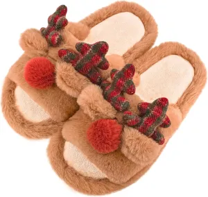 XIXITIAO Christmas Slippers,Reindeer Slippers for Women and Men,Cozy Memory Foam Slippers,Soft House Slippers,Slip-on Indoor Slippers