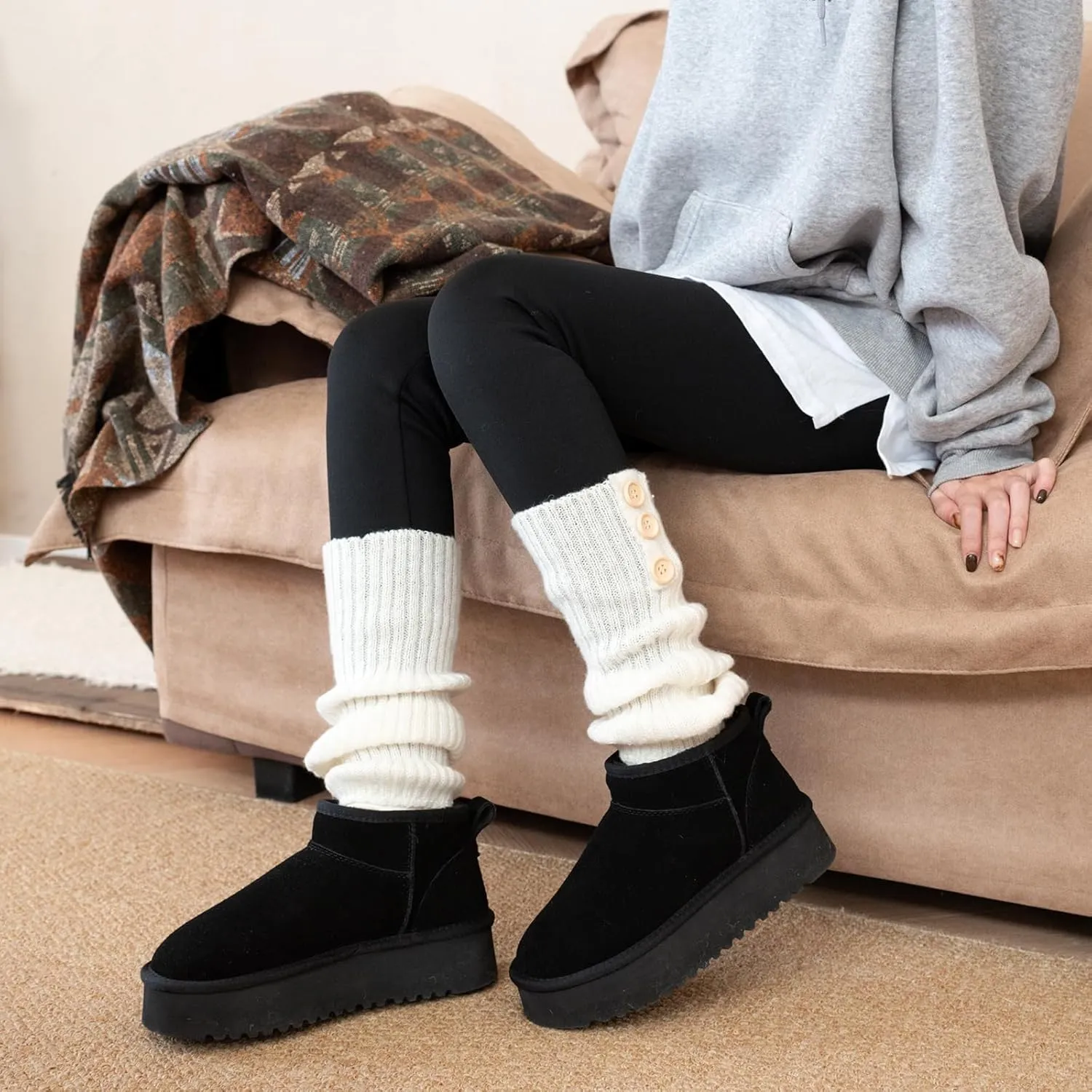 XIXITIAO Platform Wool Lining Mini Boots for Women,Genuine Suede Snow Boots with Memory Foam,Classic Winter Women's Ankle Boots,Water Resistant Short Boots