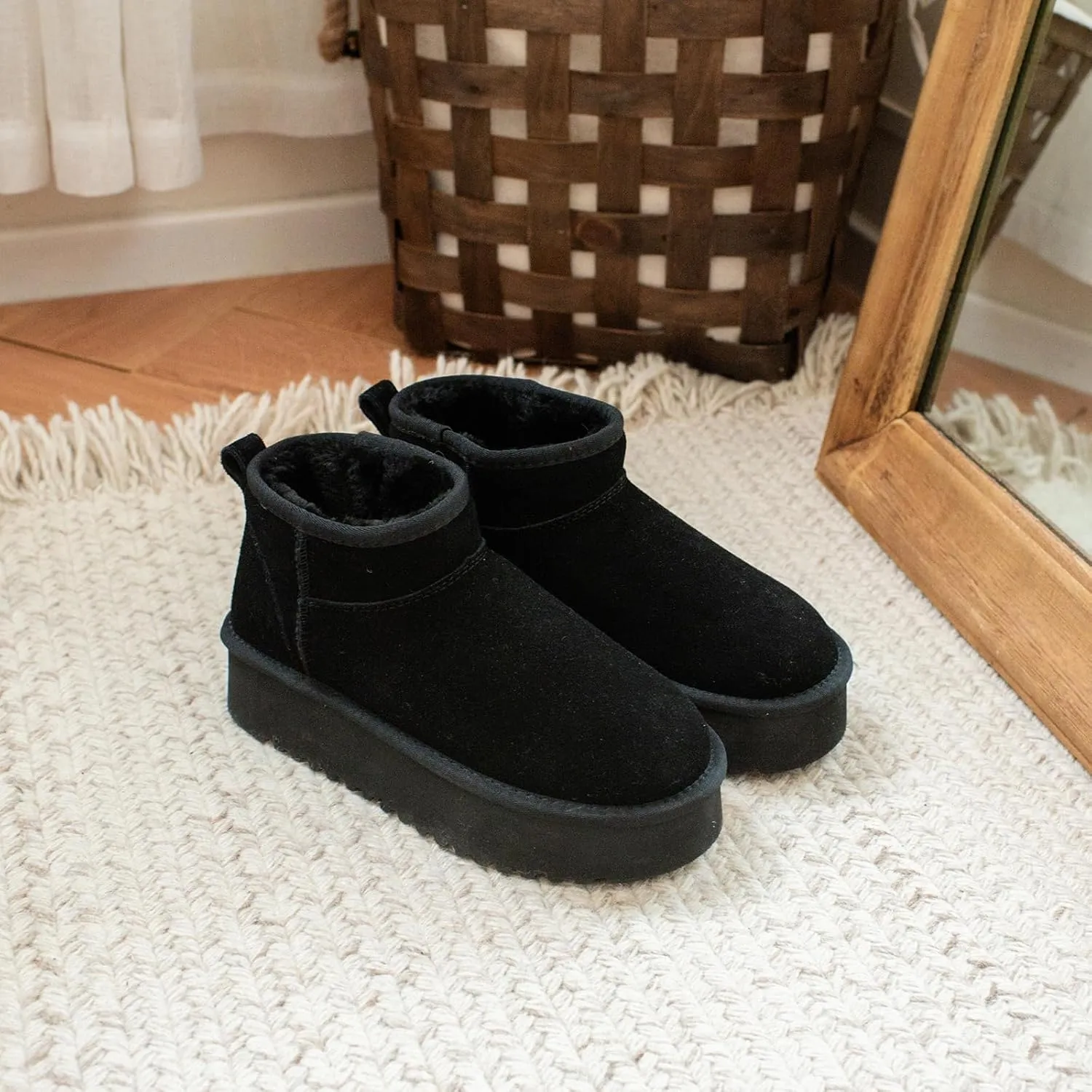 XIXITIAO Platform Wool Lining Mini Boots for Women,Genuine Suede Snow Boots with Memory Foam,Classic Winter Women's Ankle Boots,Water Resistant Short Boots