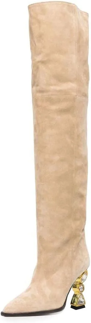 XYD Sassy Cone Mid Heels Thigh High Boots for Women Over The Knee Stretchy Pointed Toe Stylish Baggy Winter Warm Dress Long Booties Shoes