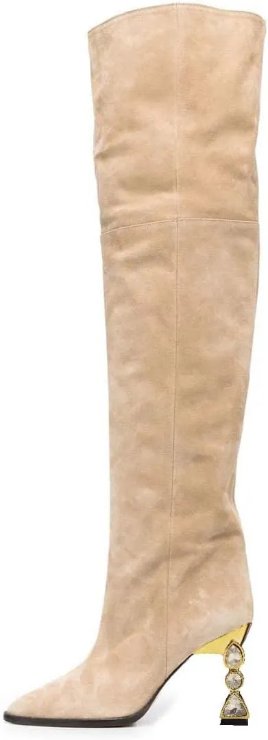 XYD Sassy Cone Mid Heels Thigh High Boots for Women Over The Knee Stretchy Pointed Toe Stylish Baggy Winter Warm Dress Long Booties Shoes