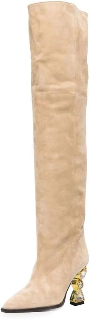 XYD Sassy Cone Mid Heels Thigh High Boots for Women Over The Knee Stretchy Pointed Toe Stylish Baggy Winter Warm Dress Long Booties Shoes