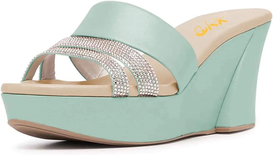 XYD Women Casual Wedges Slide Sandals Platform Rhinestones Slip On Open Toe Mules Comfort High Heel Summer Fashion Shoes