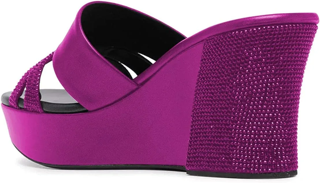 XYD Women Casual Wedges Slide Sandals Platform Rhinestones Slip On Open Toe Mules Comfort High Heel Summer Fashion Shoes