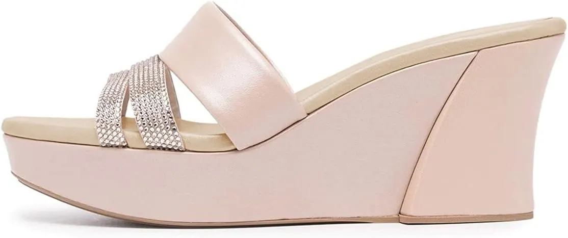 XYD Women Casual Wedges Slide Sandals Platform Rhinestones Slip On Open Toe Mules Comfort High Heel Summer Fashion Shoes