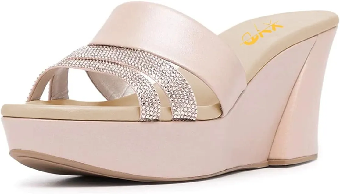 XYD Women Casual Wedges Slide Sandals Platform Rhinestones Slip On Open Toe Mules Comfort High Heel Summer Fashion Shoes