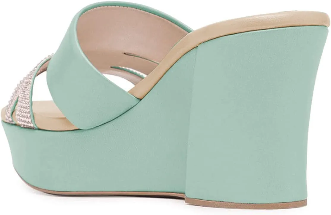 XYD Women Casual Wedges Slide Sandals Platform Rhinestones Slip On Open Toe Mules Comfort High Heel Summer Fashion Shoes