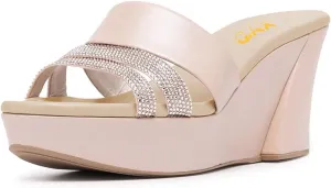 XYD Women Casual Wedges Slide Sandals Platform Rhinestones Slip On Open Toe Mules Comfort High Heel Summer Fashion Shoes