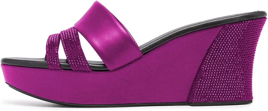 XYD Women Casual Wedges Slide Sandals Platform Rhinestones Slip On Open Toe Mules Comfort High Heel Summer Fashion Shoes