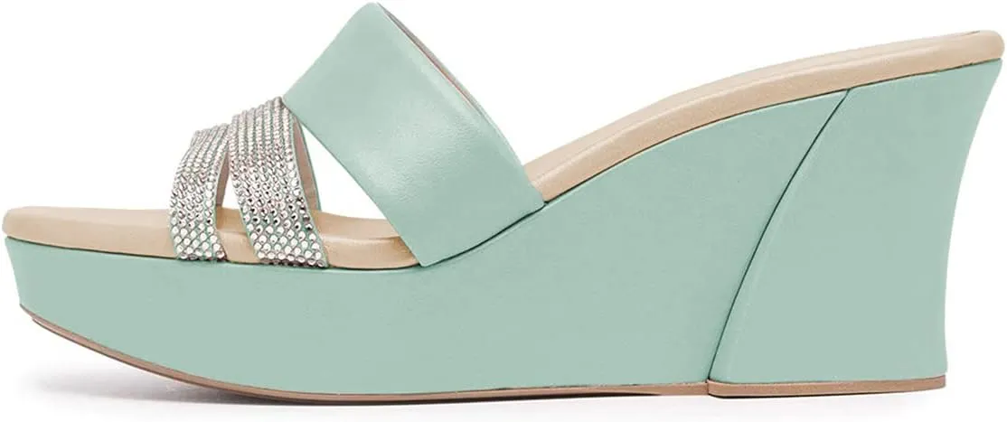 XYD Women Casual Wedges Slide Sandals Platform Rhinestones Slip On Open Toe Mules Comfort High Heel Summer Fashion Shoes