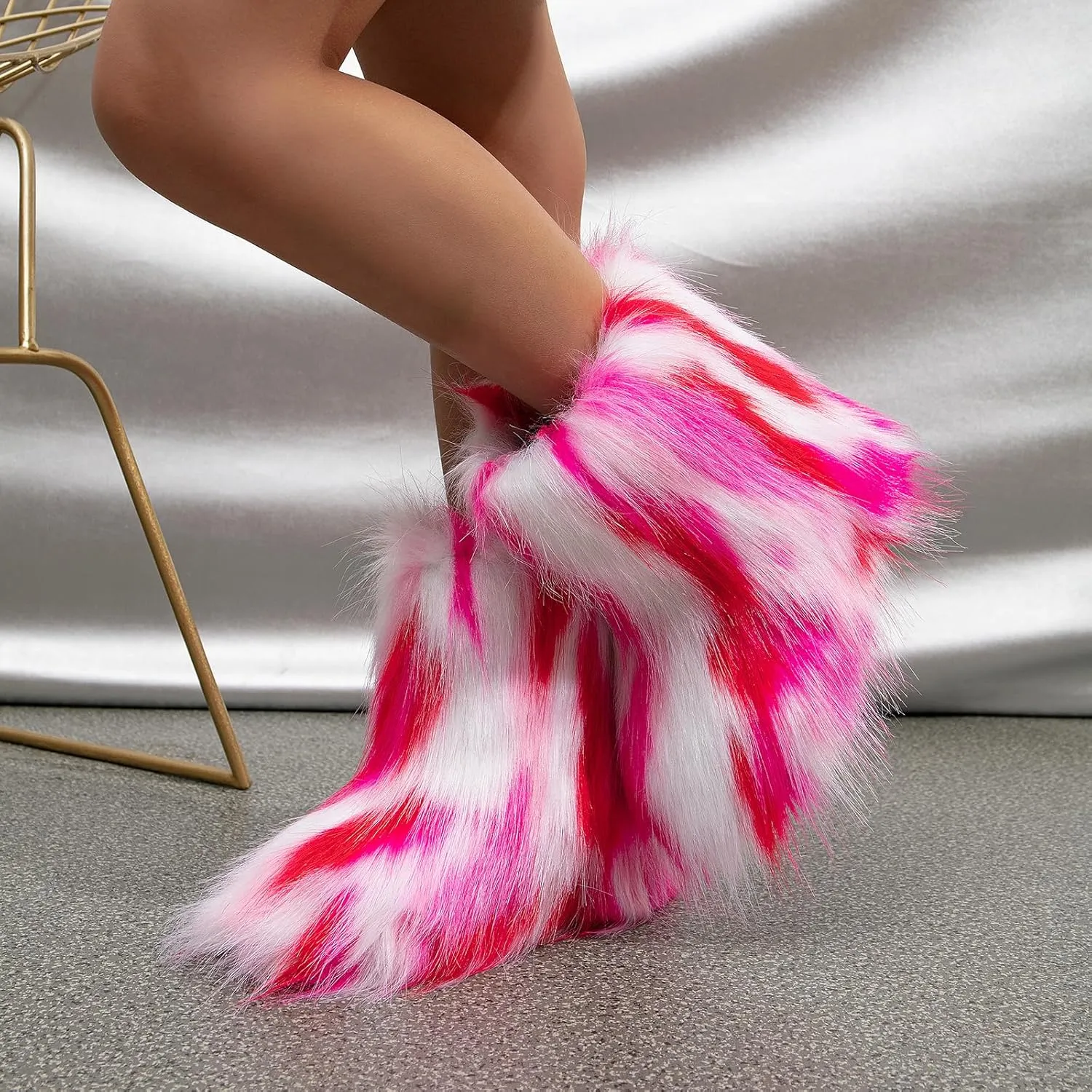 yamerbo Faux Fur Boots for Little Girls Women, Fuzzy Flurry Furry Winter Mid-Calf Snow Shoes, Round Toe Suede Winter Comfy Plush Warm Short Snow Bootie Flat Shoes for Women