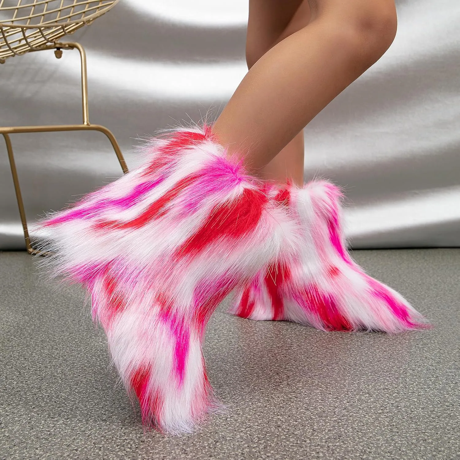 yamerbo Faux Fur Boots for Little Girls Women, Fuzzy Flurry Furry Winter Mid-Calf Snow Shoes, Round Toe Suede Winter Comfy Plush Warm Short Snow Bootie Flat Shoes for Women