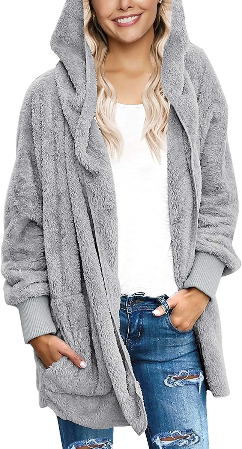 Yanekop Womens Fuzzy Fleece Jacket Open Front Hooded Cardigan Sherpa Outerwear Warm Coats with Pockets