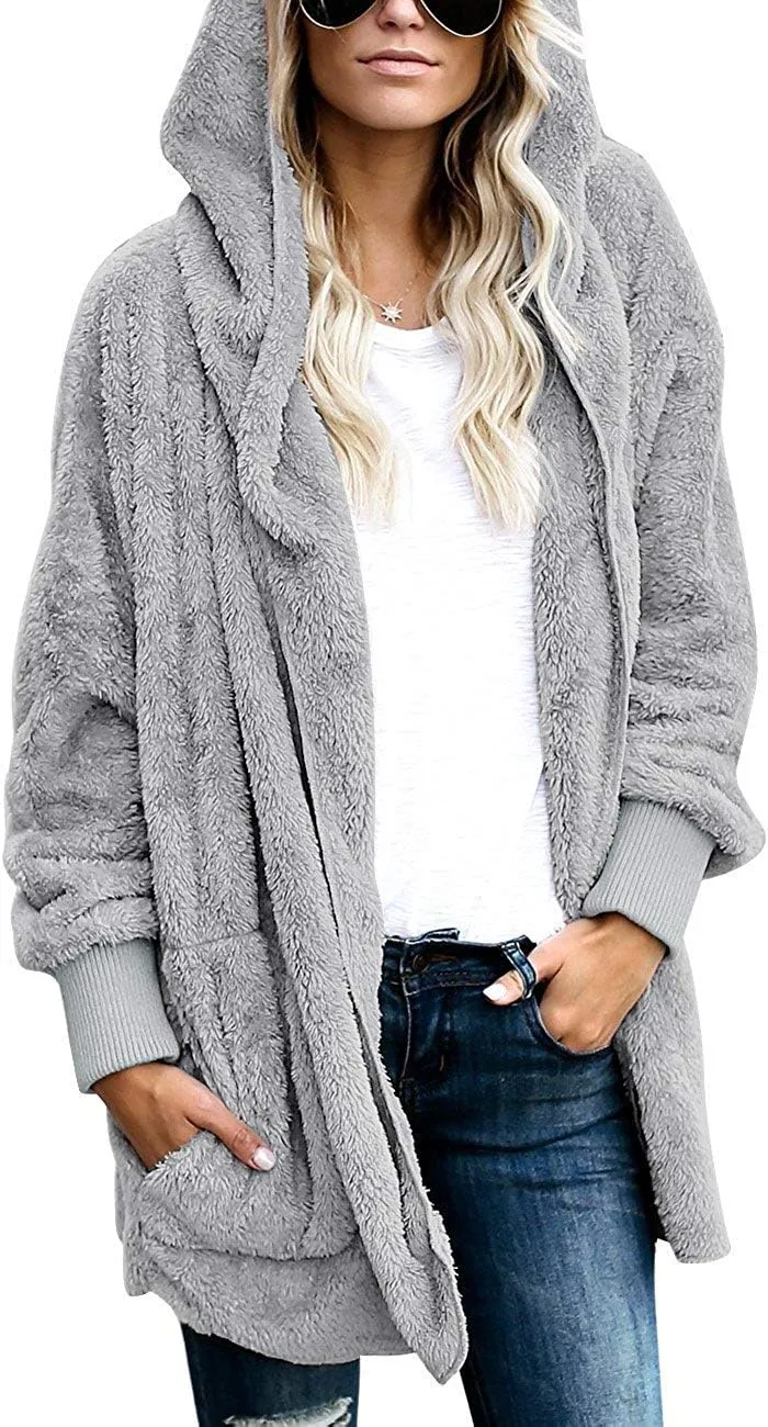 Yanekop Womens Fuzzy Fleece Jacket Open Front Hooded Cardigan Sherpa Outerwear Warm Coats with Pockets