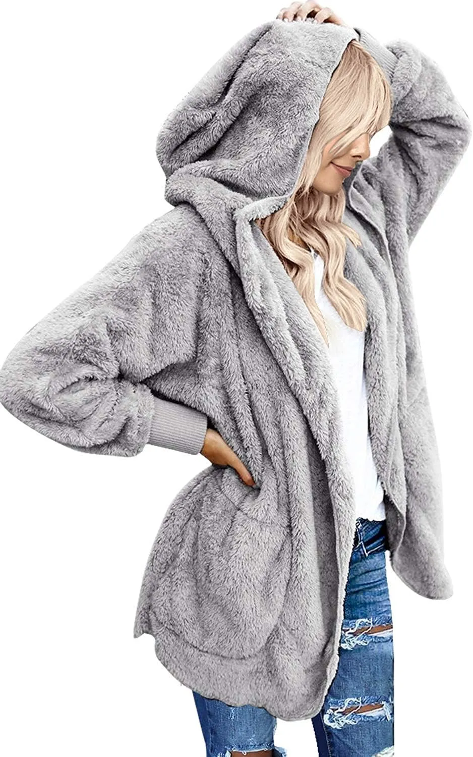 Yanekop Womens Fuzzy Fleece Jacket Open Front Hooded Cardigan Sherpa Outerwear Warm Coats with Pockets