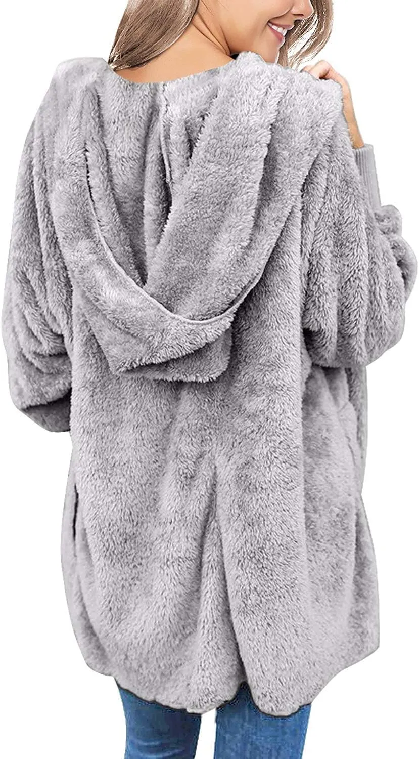 Yanekop Womens Fuzzy Fleece Jacket Open Front Hooded Cardigan Sherpa Outerwear Warm Coats with Pockets