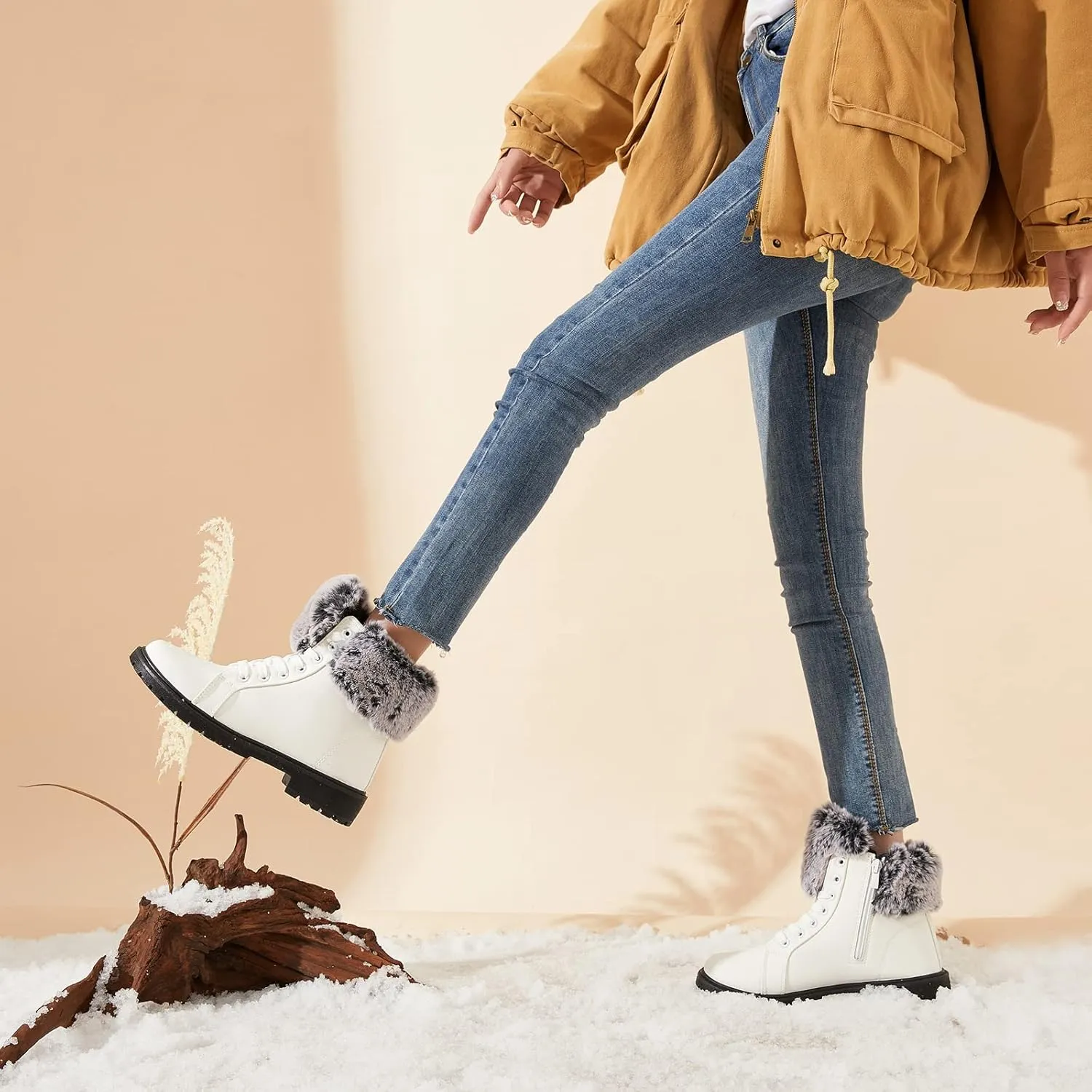 yegeyan womens snow boots PU winter ankle booties fur lined anti-slip combat boots