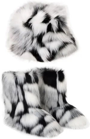 YESBOR Women's Winter Faux Fur Snow Boots Warm Fuzzy Fluffy Bucket Hat Rainbow Fisherman Cap