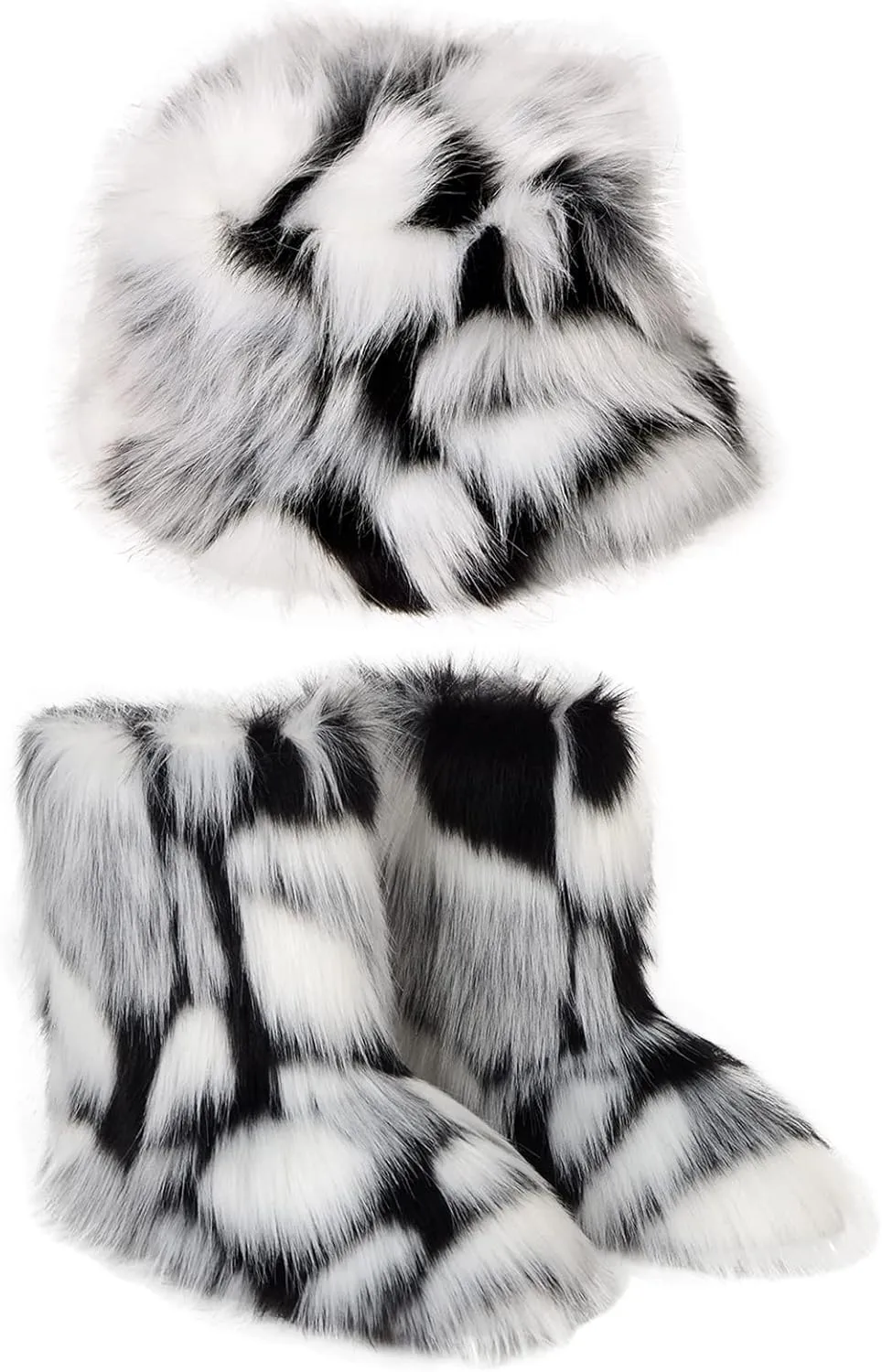 YESBOR Women's Winter Faux Fur Snow Boots Warm Fuzzy Fluffy Bucket Hat Rainbow Fisherman Cap