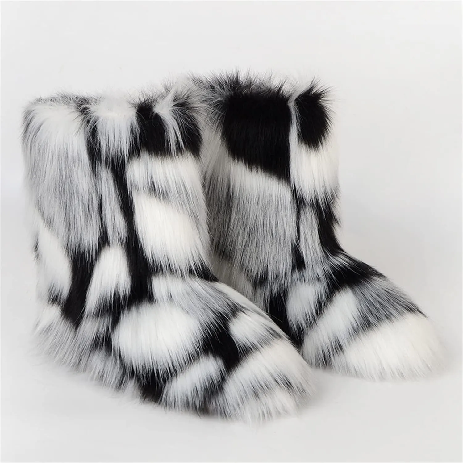 YESBOR Women's Winter Faux Fur Snow Boots Warm Fuzzy Fluffy Bucket Hat Rainbow Fisherman Cap