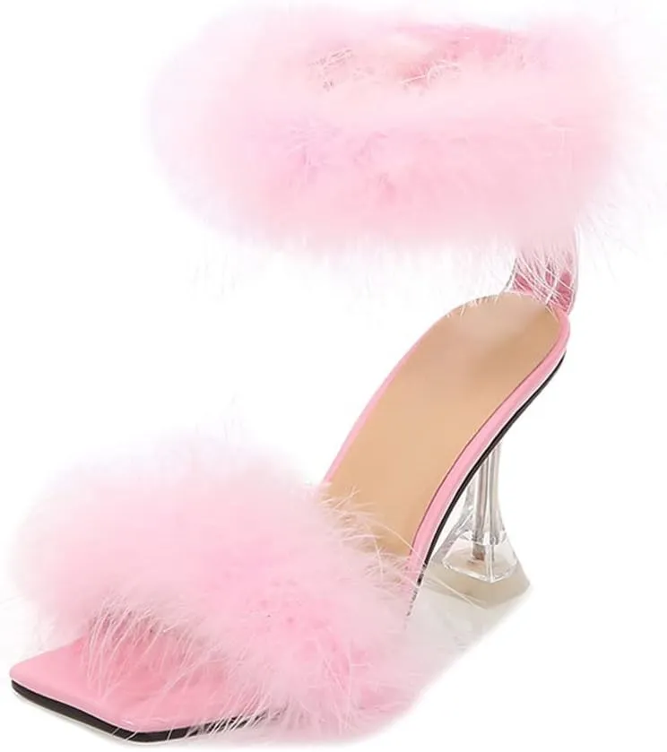 YIBLBOX Women's Fluffy Feather Square Toe High Stiletto Mules Wedding Dress Heel Sandals