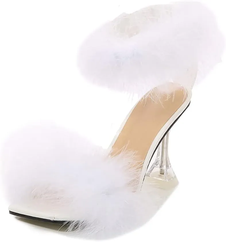 YIBLBOX Women's Fluffy Feather Square Toe High Stiletto Mules Wedding Dress Heel Sandals