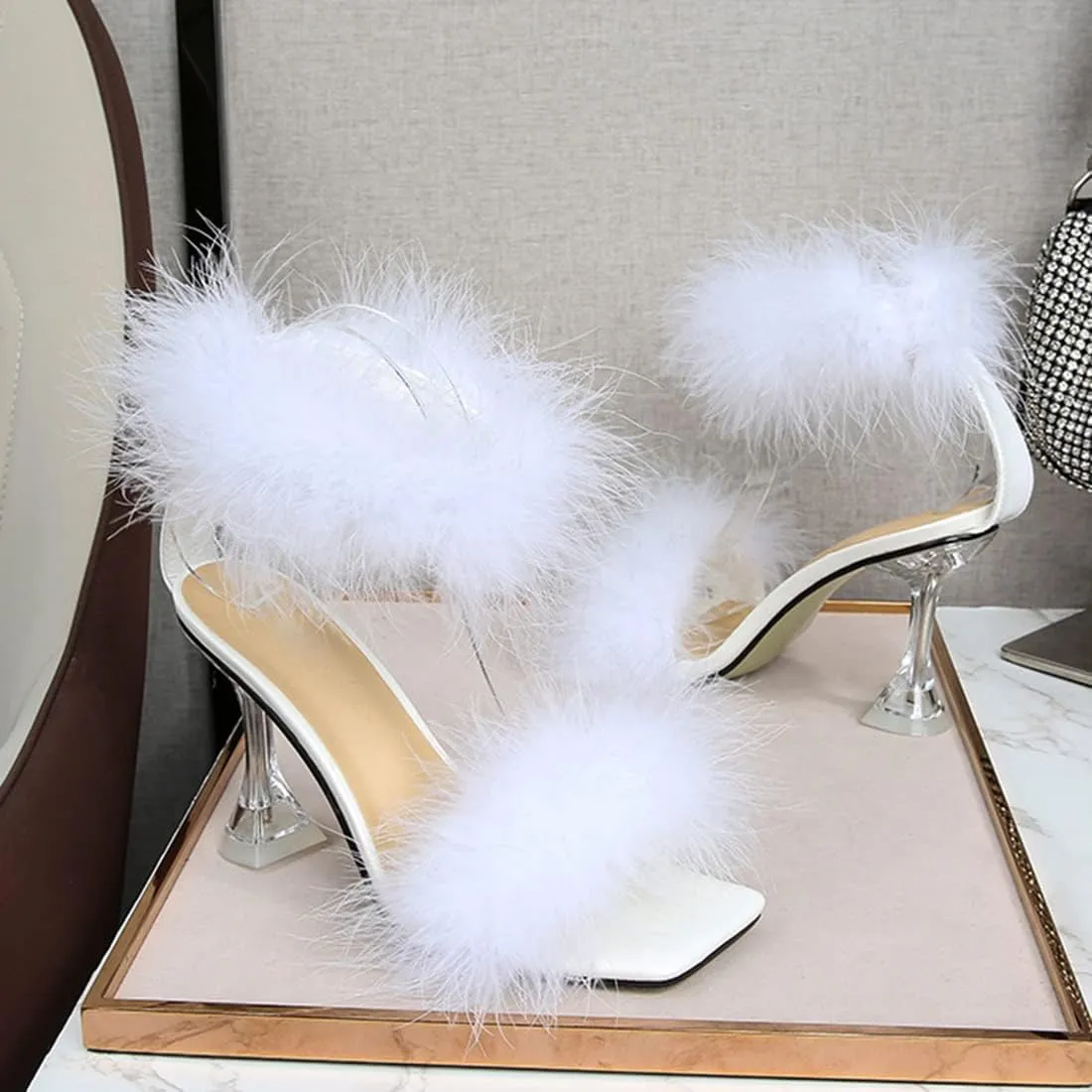 YIBLBOX Women's Fluffy Feather Square Toe High Stiletto Mules Wedding Dress Heel Sandals