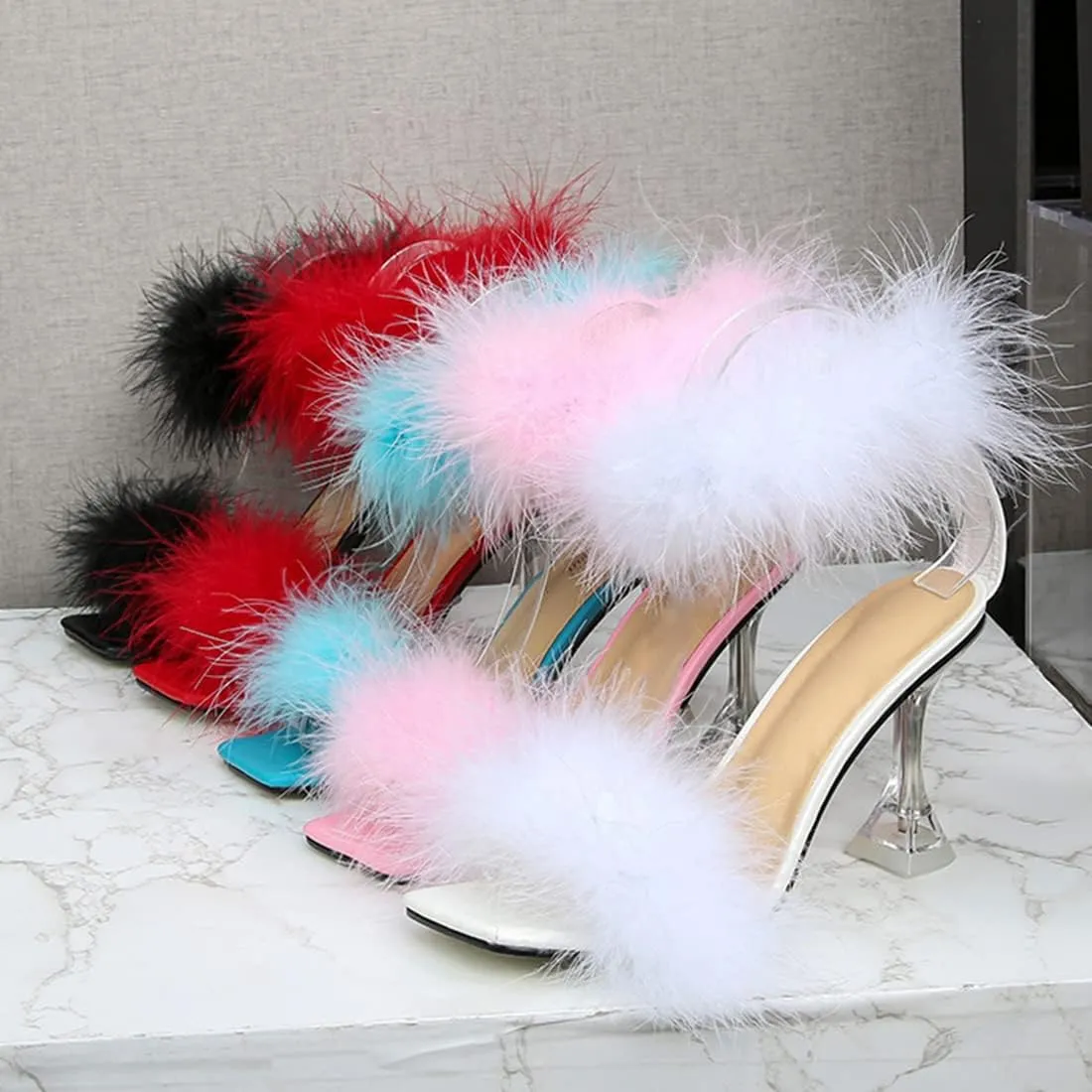 YIBLBOX Women's Fluffy Feather Square Toe High Stiletto Mules Wedding Dress Heel Sandals