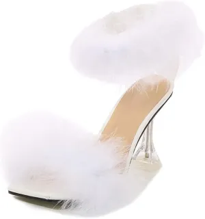 YIBLBOX Women's Fluffy Feather Square Toe High Stiletto Mules Wedding Dress Heel Sandals