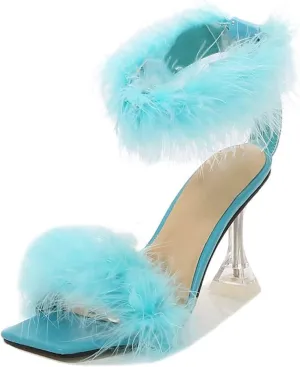 YIBLBOX Women's Fluffy Feather Square Toe High Stiletto Mules Wedding Dress Heel Sandals