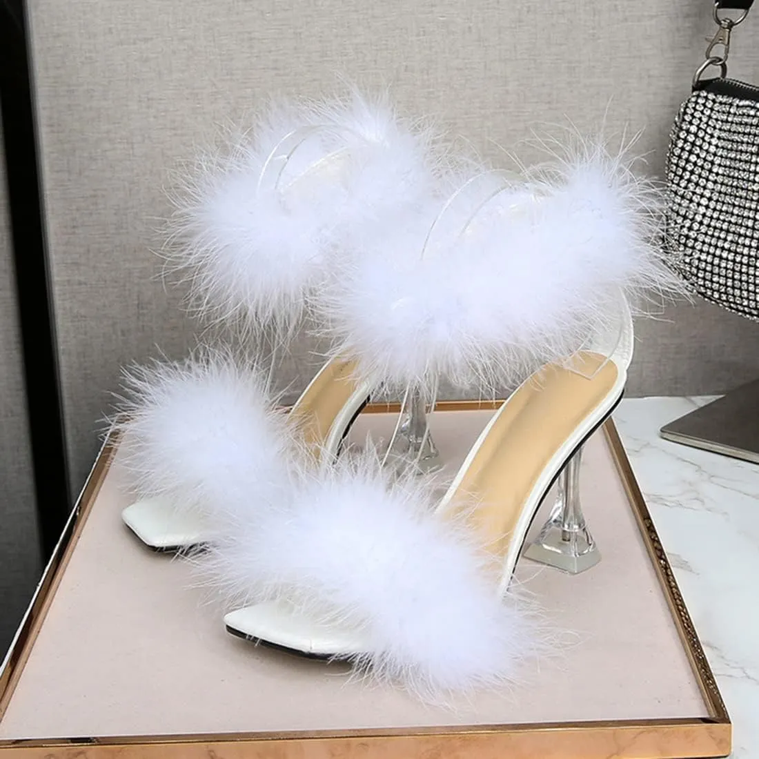 YIBLBOX Women's Fluffy Feather Square Toe High Stiletto Mules Wedding Dress Heel Sandals