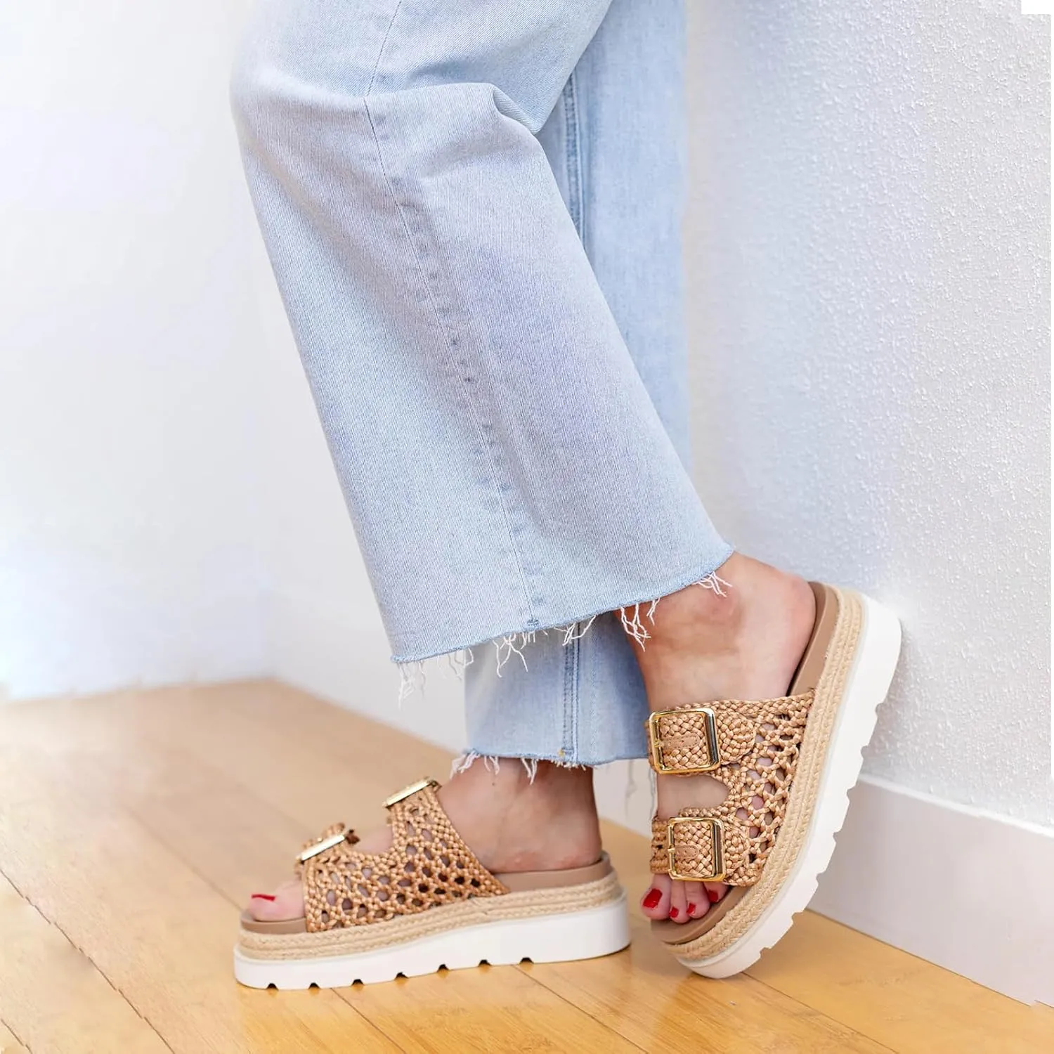 Yishaweiqi Espadrilles Platform Sandals for Women Comfortable Raffia Flatform Sandals Adjustable Buckle Straps Woven Straw Crochet Flat Slide Sandals Summer Beach Shoes