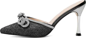 Zamikoo Women's Mule Sandals, Pointed Toe Slip On Stiletto Heel Sandals, High Heel Mules with Bowknot, Sparkly Rhinestone Heels for Summer 3.5 Inches