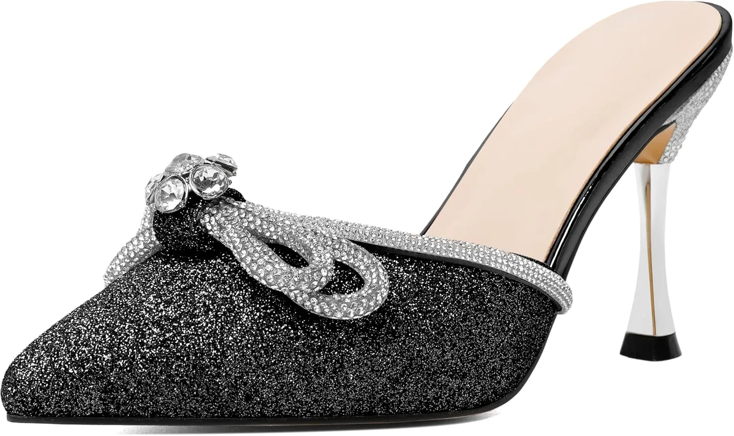 Zamikoo Women's Mule Sandals, Pointed Toe Slip On Stiletto Heel Sandals, High Heel Mules with Bowknot, Sparkly Rhinestone Heels for Summer 3.5 Inches