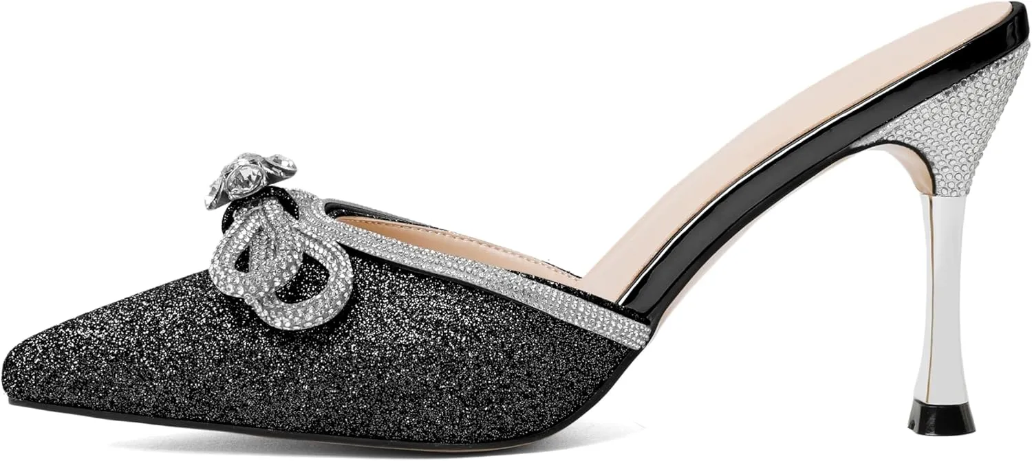Zamikoo Women's Mule Sandals, Pointed Toe Slip On Stiletto Heel Sandals, High Heel Mules with Bowknot, Sparkly Rhinestone Heels for Summer 3.5 Inches