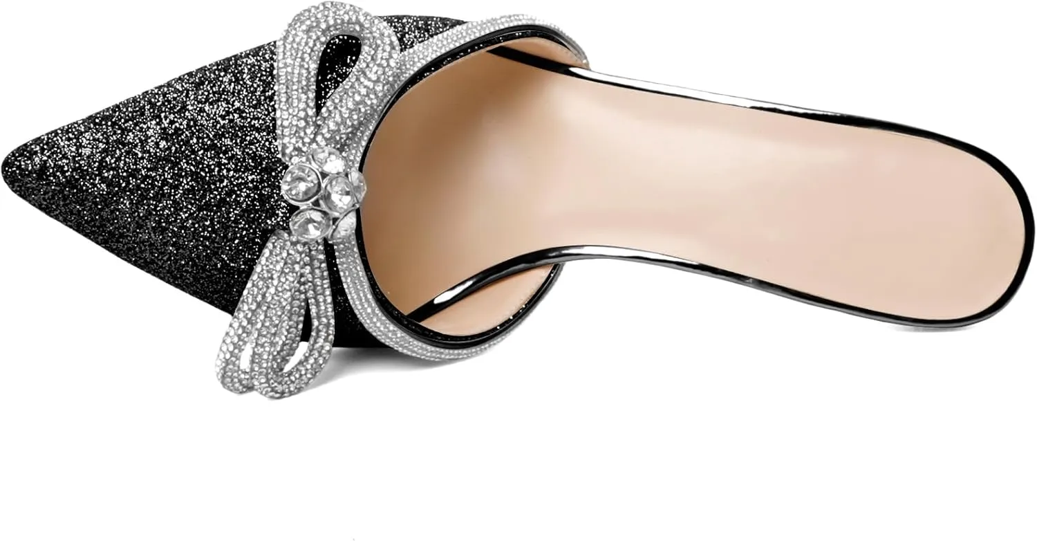 Zamikoo Women's Mule Sandals, Pointed Toe Slip On Stiletto Heel Sandals, High Heel Mules with Bowknot, Sparkly Rhinestone Heels for Summer 3.5 Inches