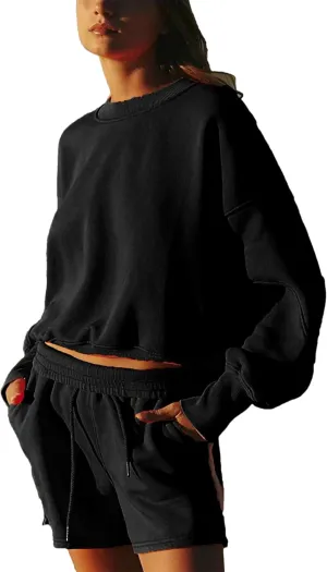 Zontroldy Womens 2025 Spring Fall 2 Piece Outfits Pullover Sweatshirts Matching Shorts Tracksuits Set with Pockets