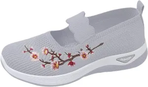 ZSpzx 2025 Women's Mesh Flats Shoes Breathable Slip on Casual Boat Shoes with Flower Embroidered Quick Dry Arch Support Non Slip Running Elastic Sneakers Closed Toe for Gym Travel Daily Wear